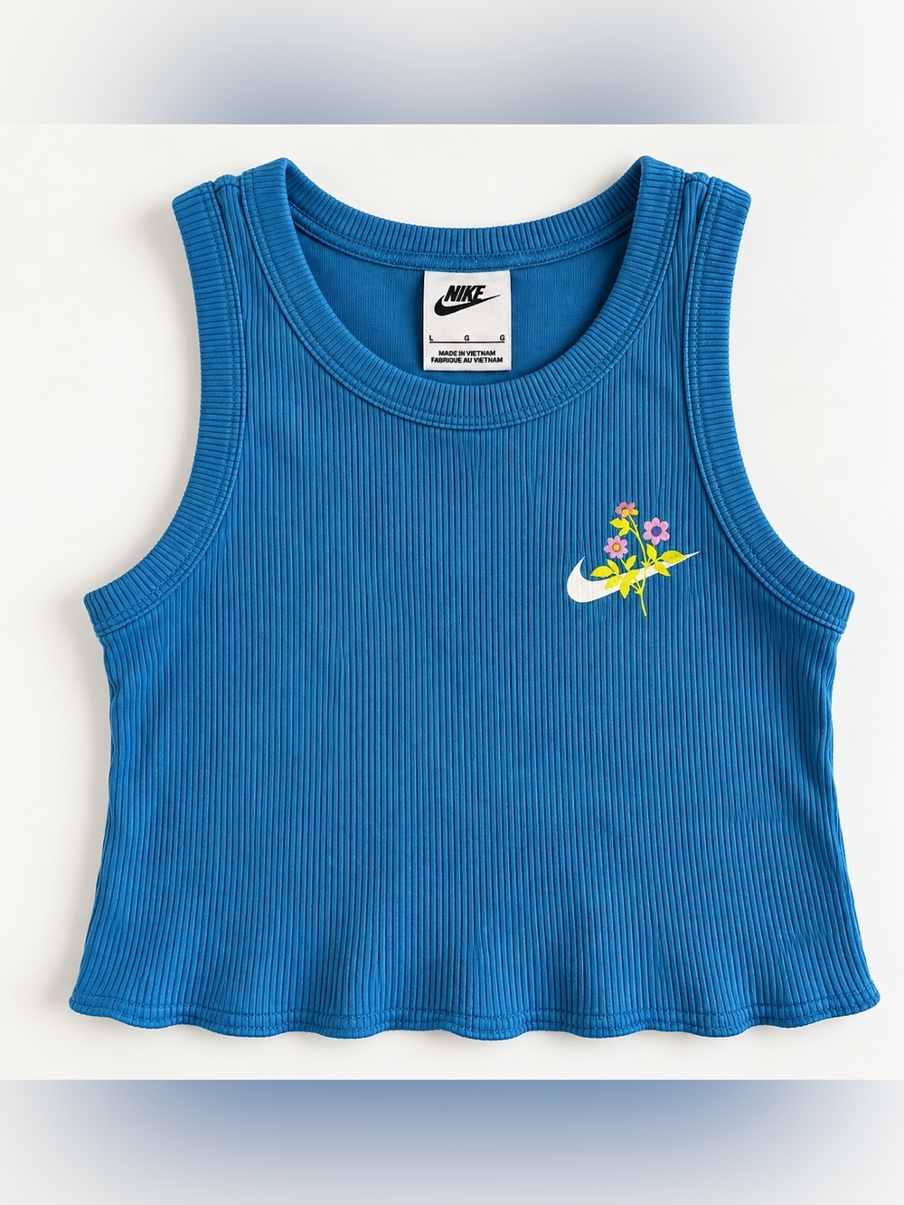 Nike Blue Ribbed Floral Swoosh Crop Tank Top – Size L
